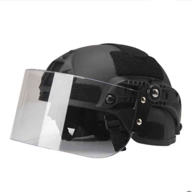 Transparent PC guide rail helmet mask with semi-rimless design measuring 30 by 15 cm
