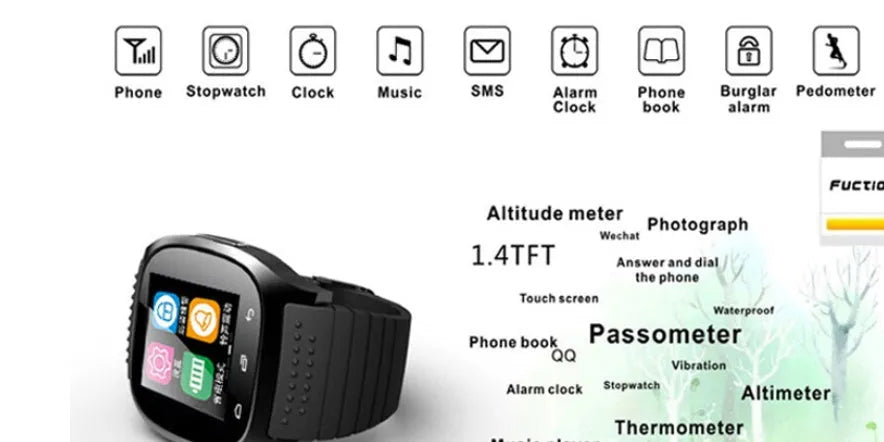 Smart Bluetooth sports watch compatible with iOS and Android smartphones in black colour