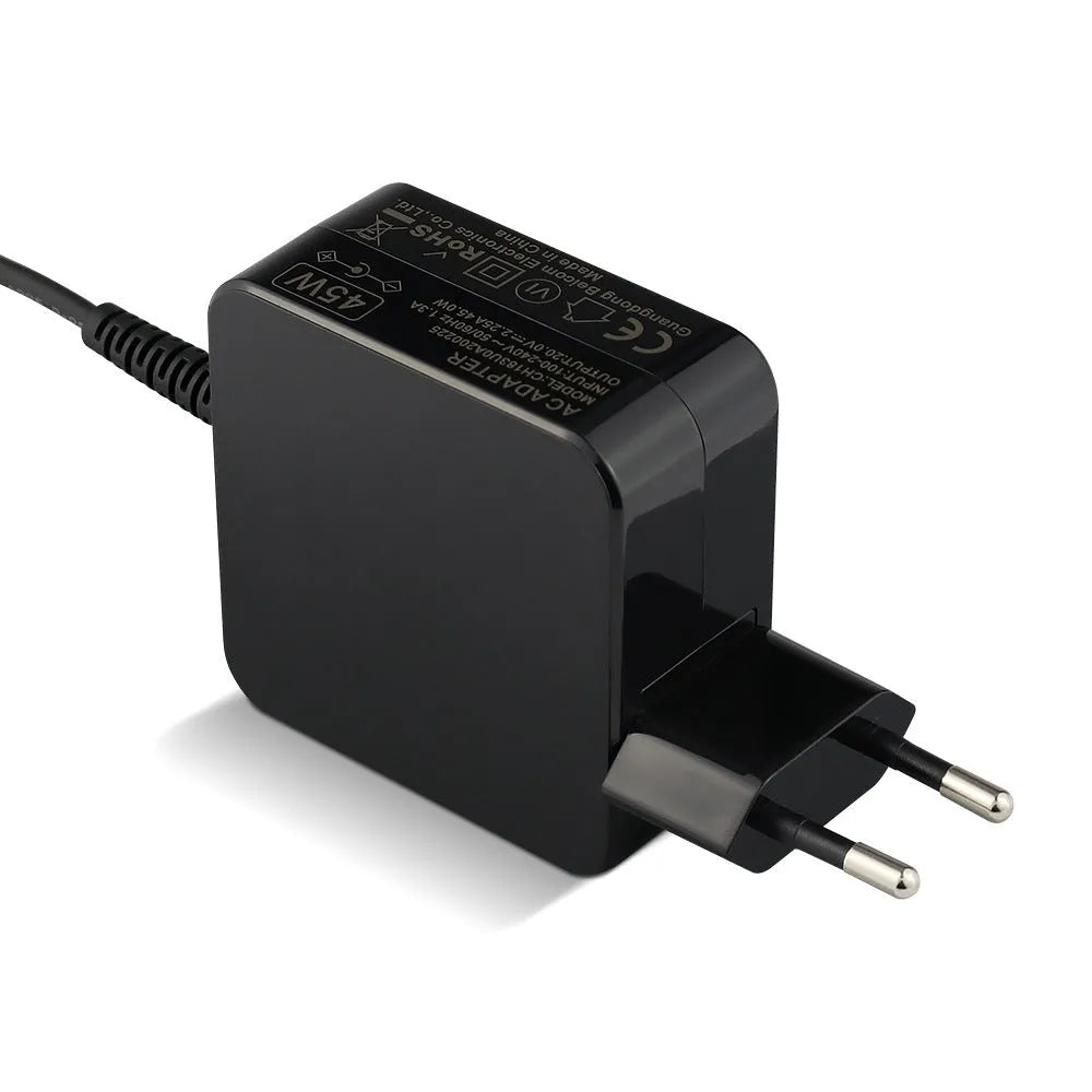 Black 45W laptop power adapter with US plug and charging cable, dimensions 99.3mm by 36.5mm by 61.8mm