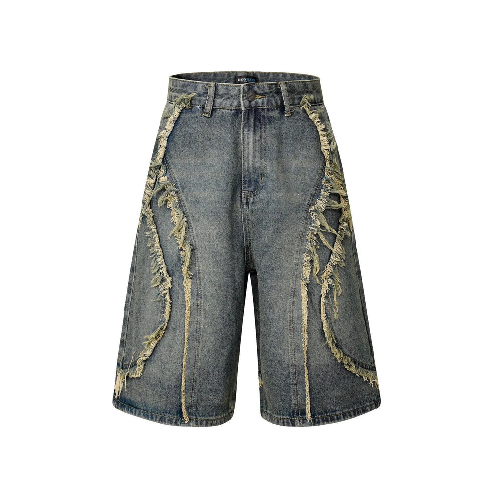 American Pu Shuai distressed raw edge denim shorts in black, shown front and back.