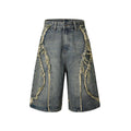 American Pu Shuai distressed raw edge denim shorts in black, shown front and back.