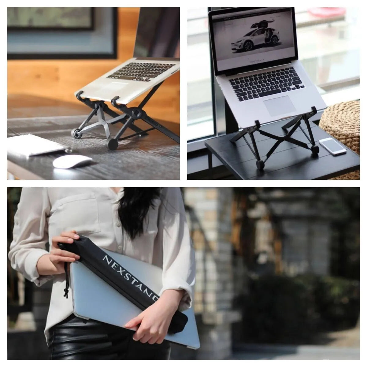 Sagacious black portable folding computer bracket showing adjustable height mechanism