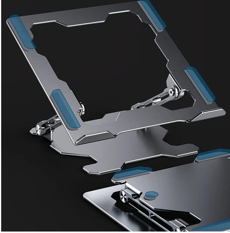 Grey adjustable aluminium laptop stand showing hollow construction and silicone protection pads