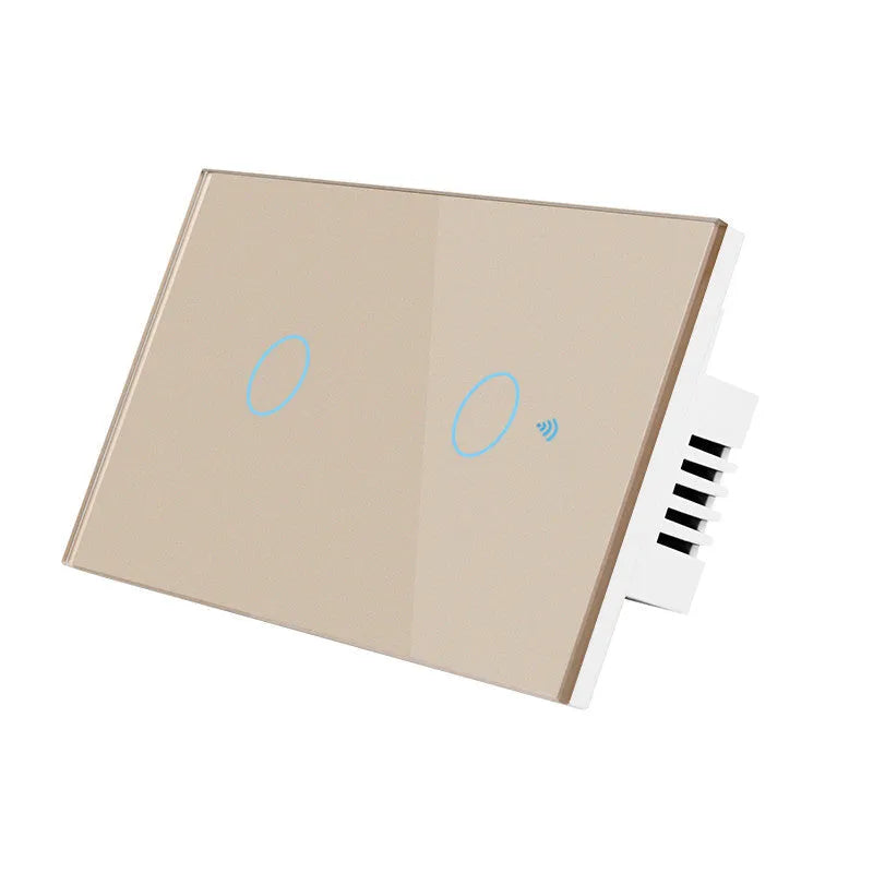 White 2-gang RF remote control wall switch with tempered glass touch panel and LED indicators