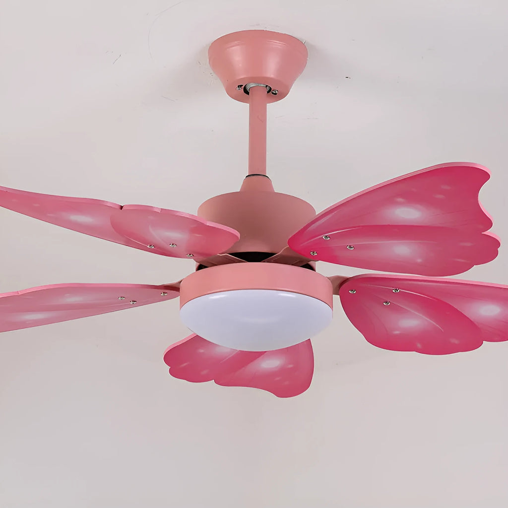 Ceiling fan chandelier with remote, 1.06m diameter, acrylic shade, wooden blades, blue or pink