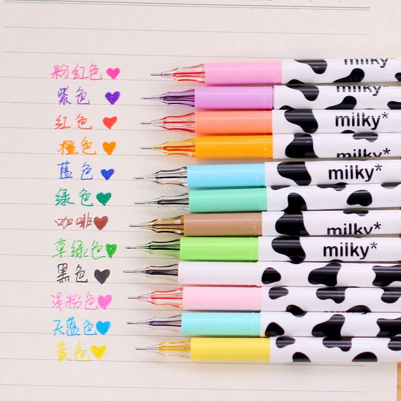 Set of 12 cow colour gel pens with 0.38mm fine tips arranged in a box