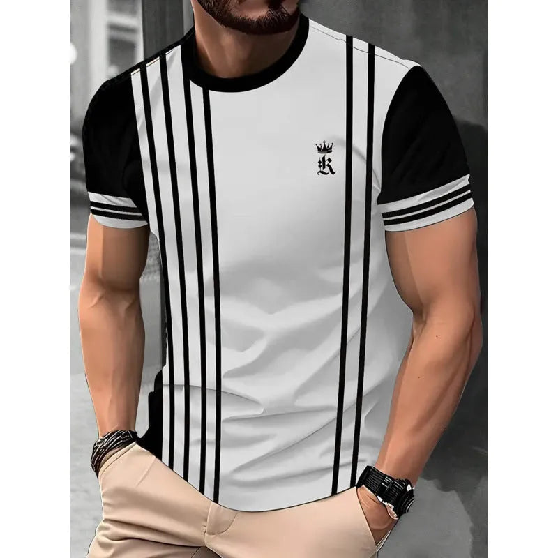 Men's loose fit short-sleeved T-shirt with 3D printed stripe patterns in business casual style