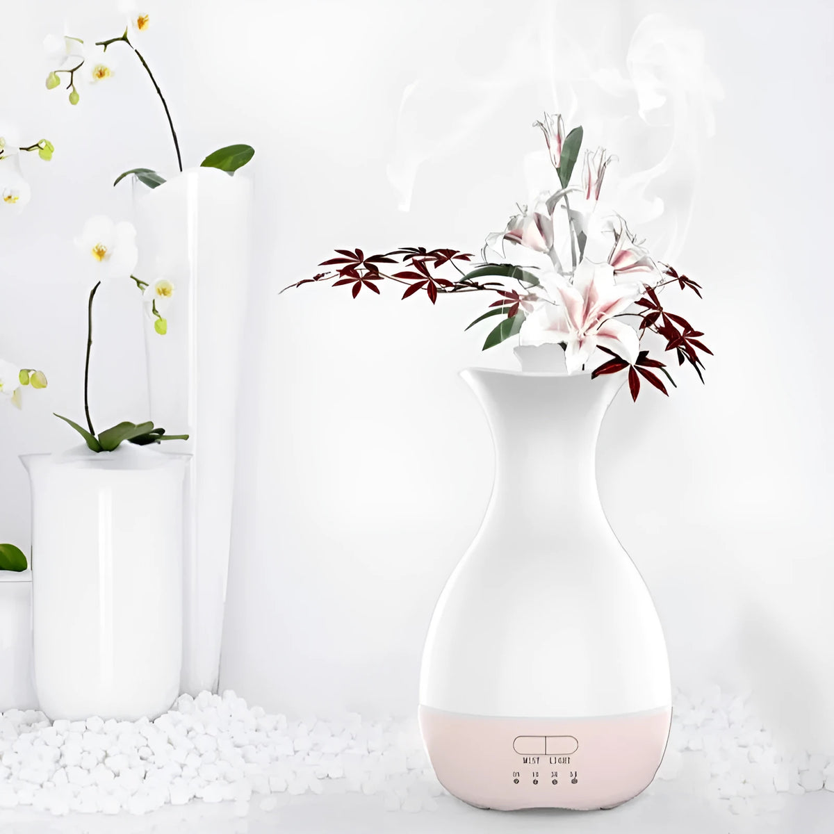 White ultrasonic aromatherapy vase with 200ml capacity, night light, and timer controls for home fragrance diffusion