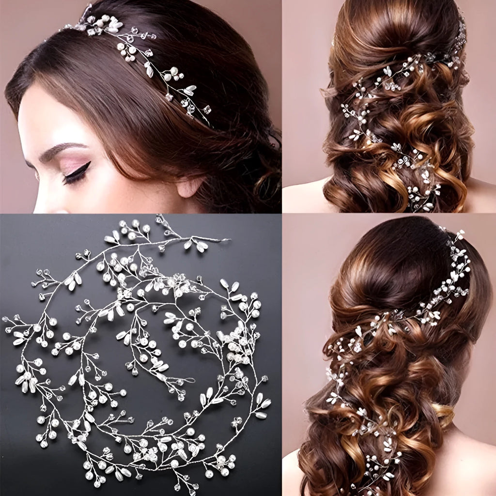 Bride's wedding hair band with crystal pearl detailing on colour-preserving wire in gold, silver, rose gold or silver KC finish