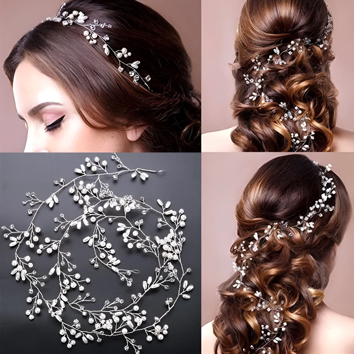 Bride's wedding hair band with crystal pearl detailing on colour-preserving wire in gold, silver, rose gold or silver KC finish