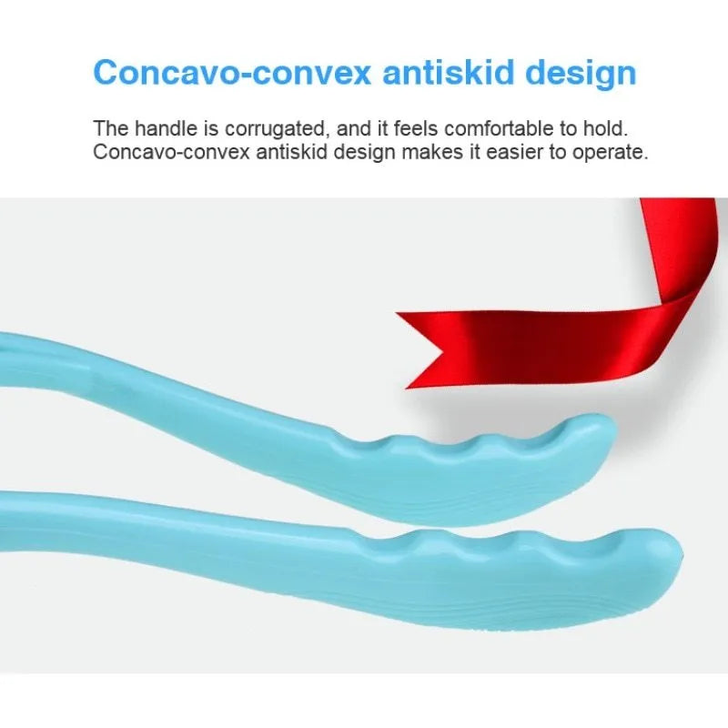 Blue plastic hand roller neck massager with adjustable stand on a white background.