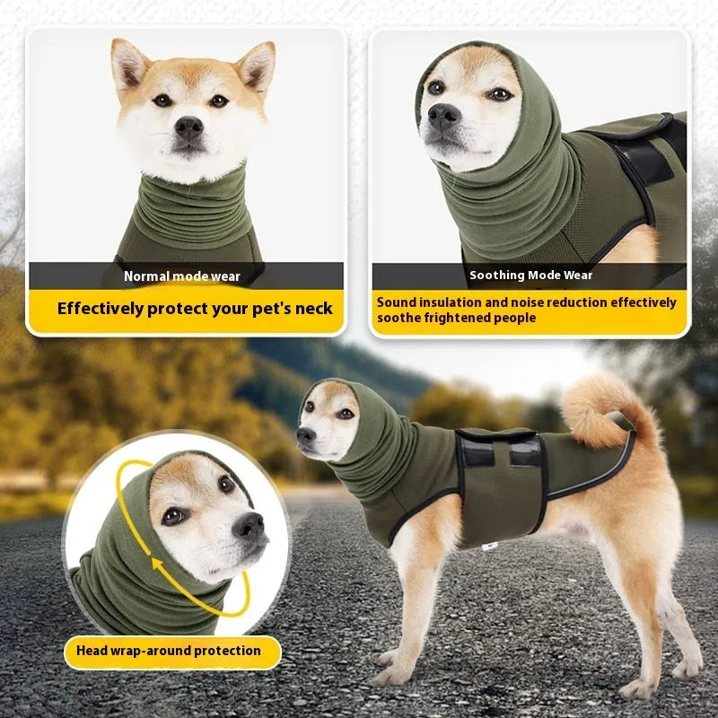 Polyester dog anti-anxiety jacket in army green colour showing wrap-around design for size M