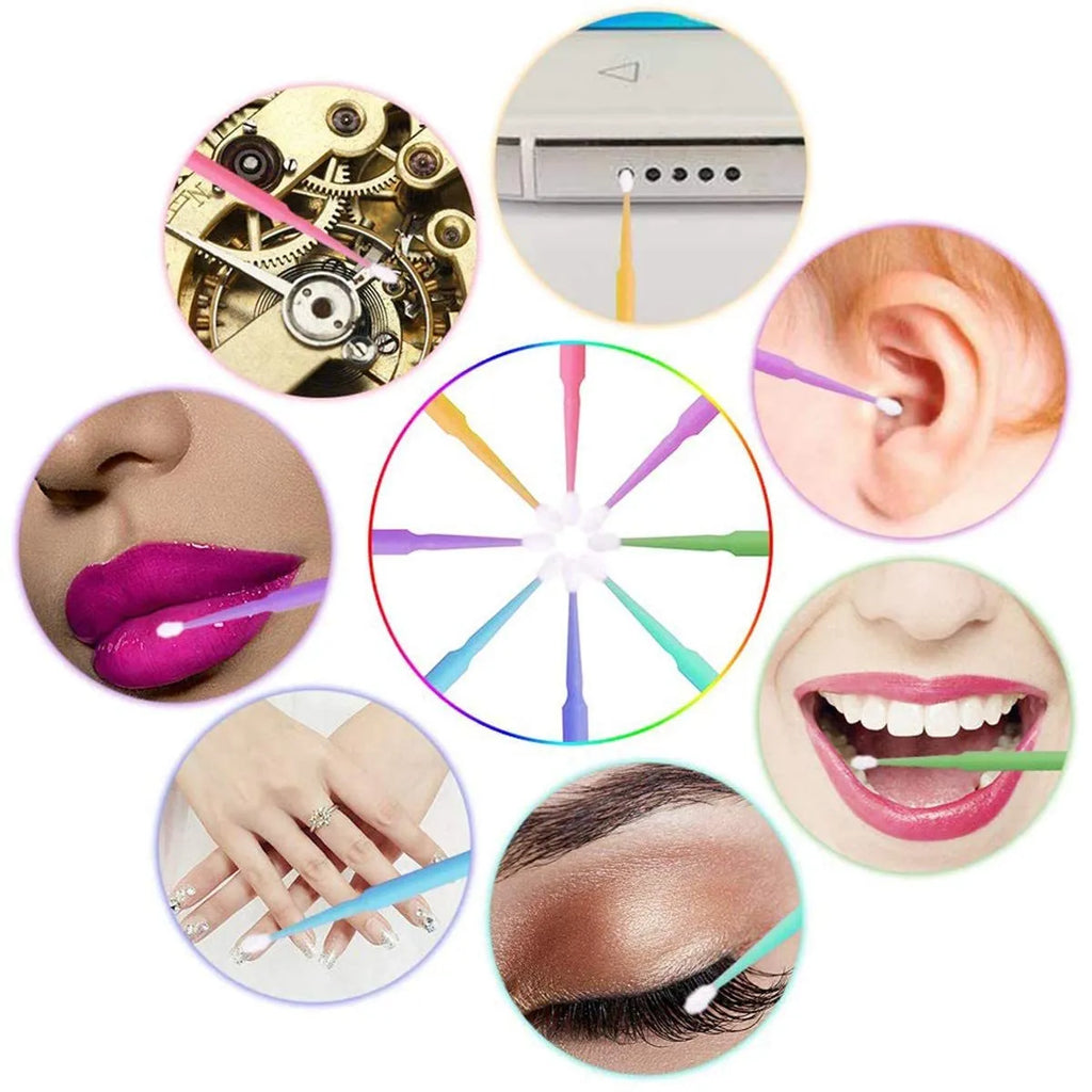 Disposable micro applicator brushes with bendable cotton swab heads and coloured handles for makeup and eyelash extensions