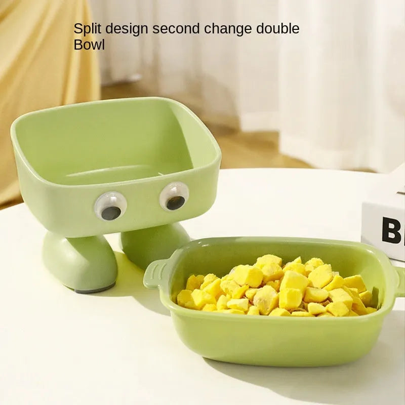 Green elevated cat bowl with 15° tilt, robot design, and anti-slip base