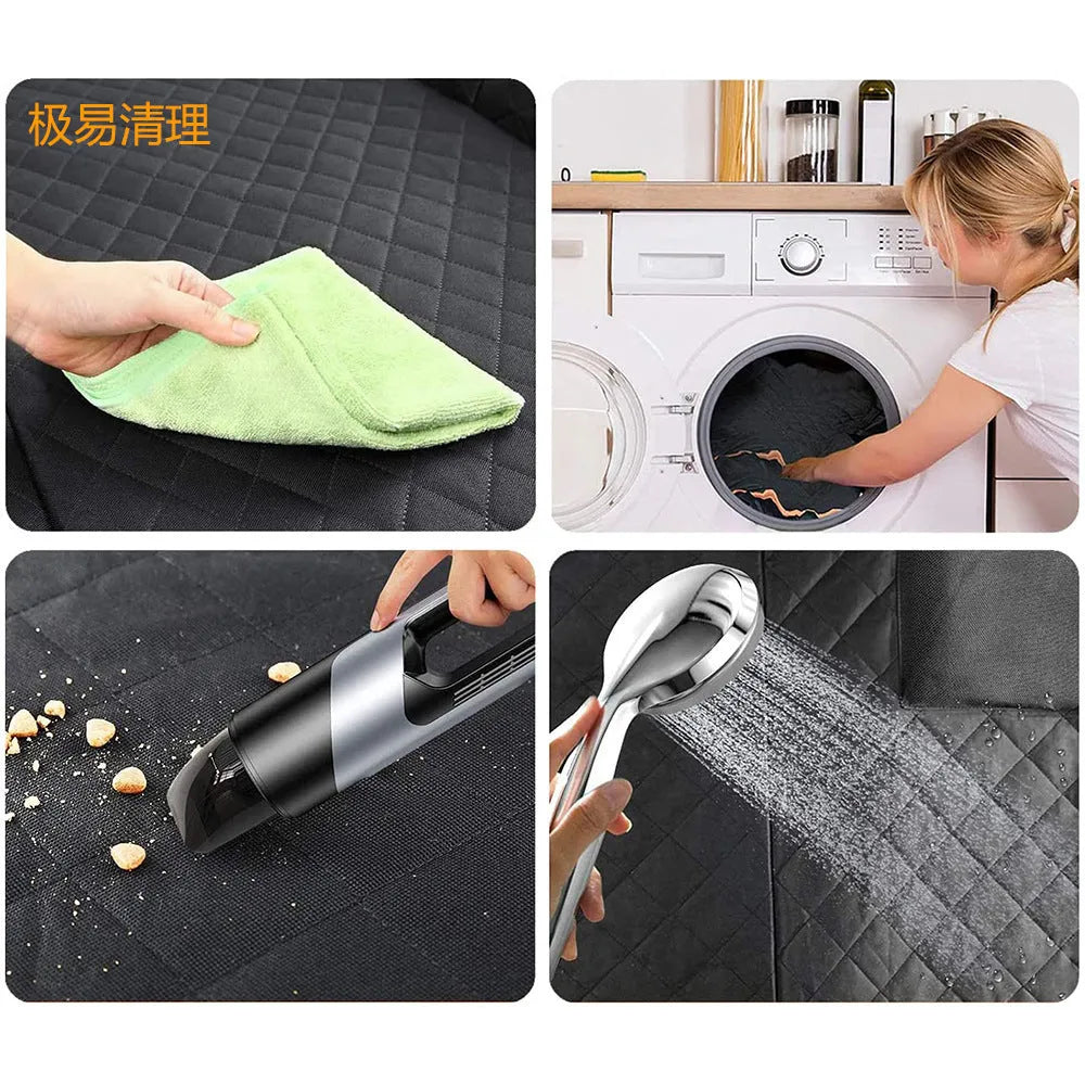 Black and orange edged waterproof pet car mat laid flat, showing mesh window and rear accessory pocket