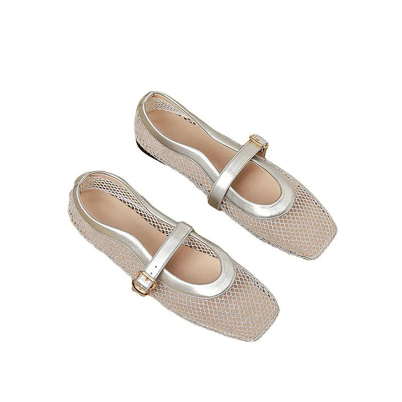 Women's beige mesh low-heel pumps with a square toe and silver buckle closure on a white background.