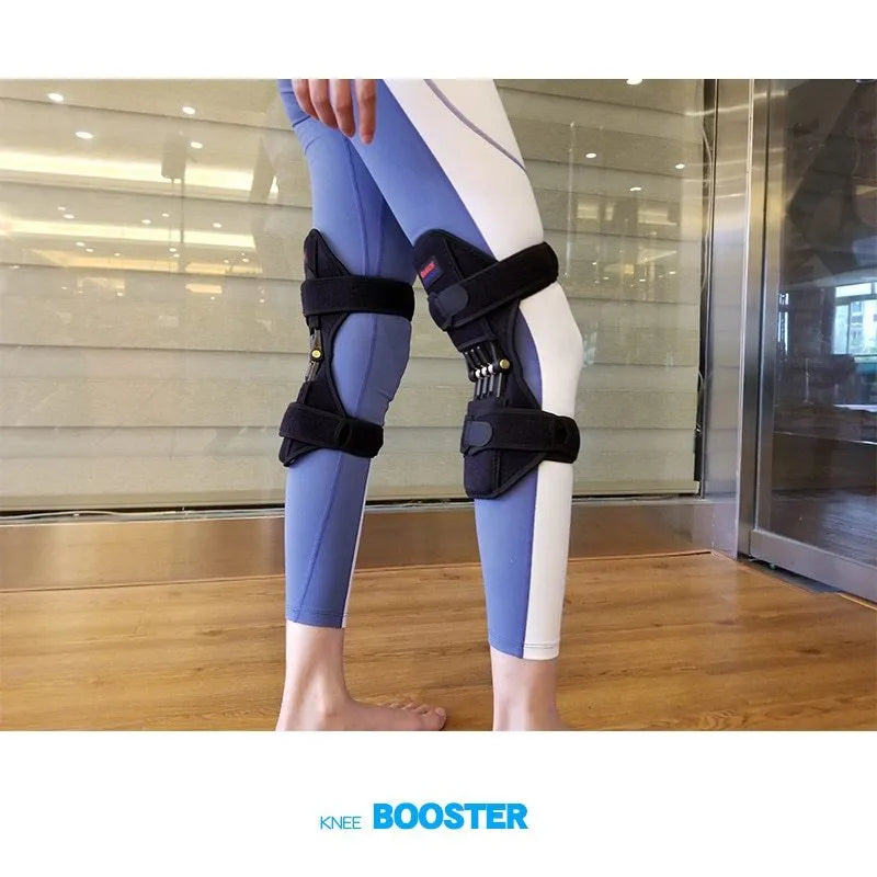 Adjustable knee brace with spring booster mechanism for mountaineering and sports activities