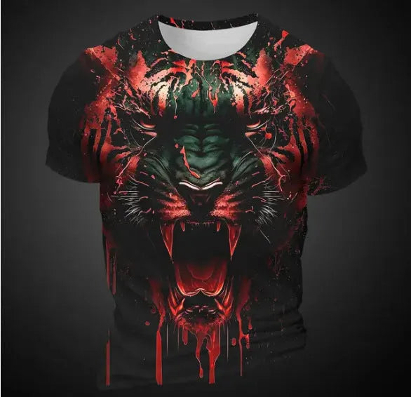 Close-up of a man's grey T-shirt with a detailed 3D tiger face digital print on the chest.