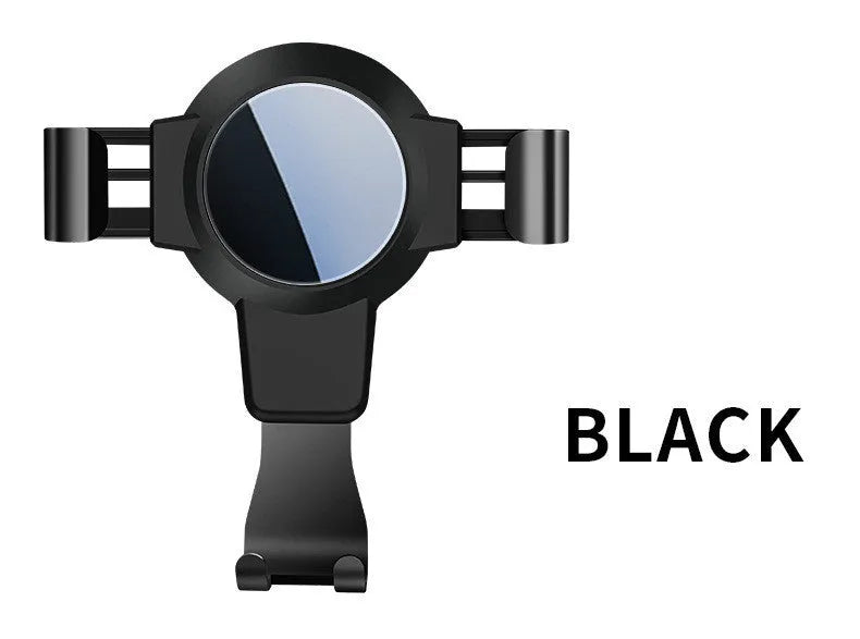 Black ABS gravity mirror phone bracket clipped onto a car air vent.