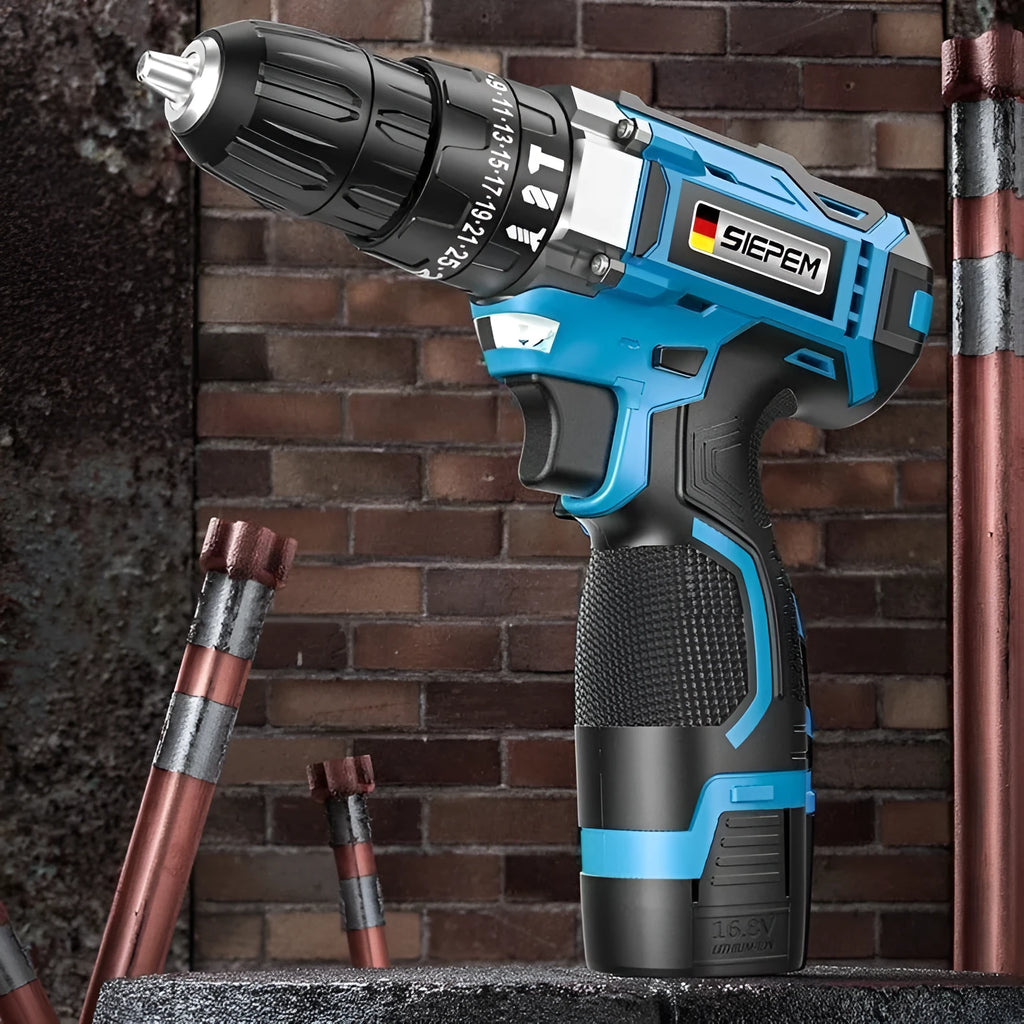 12V two-speed multi-function impact pistol drill electric screwdriver set in a luxury plastic box.