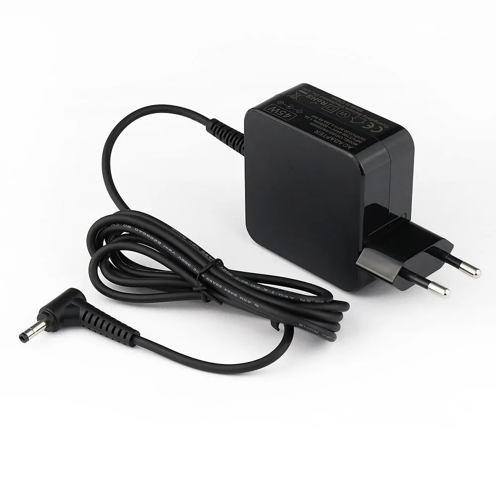 Black 45W laptop power adapter with US plug and charging cable, dimensions 99.3mm by 36.5mm by 61.8mm