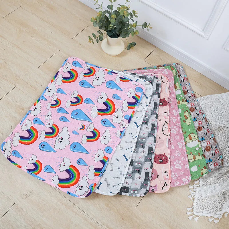 Reusable washable pet urine pad with non-slip backing in Animal World pattern, laid flat on floor.