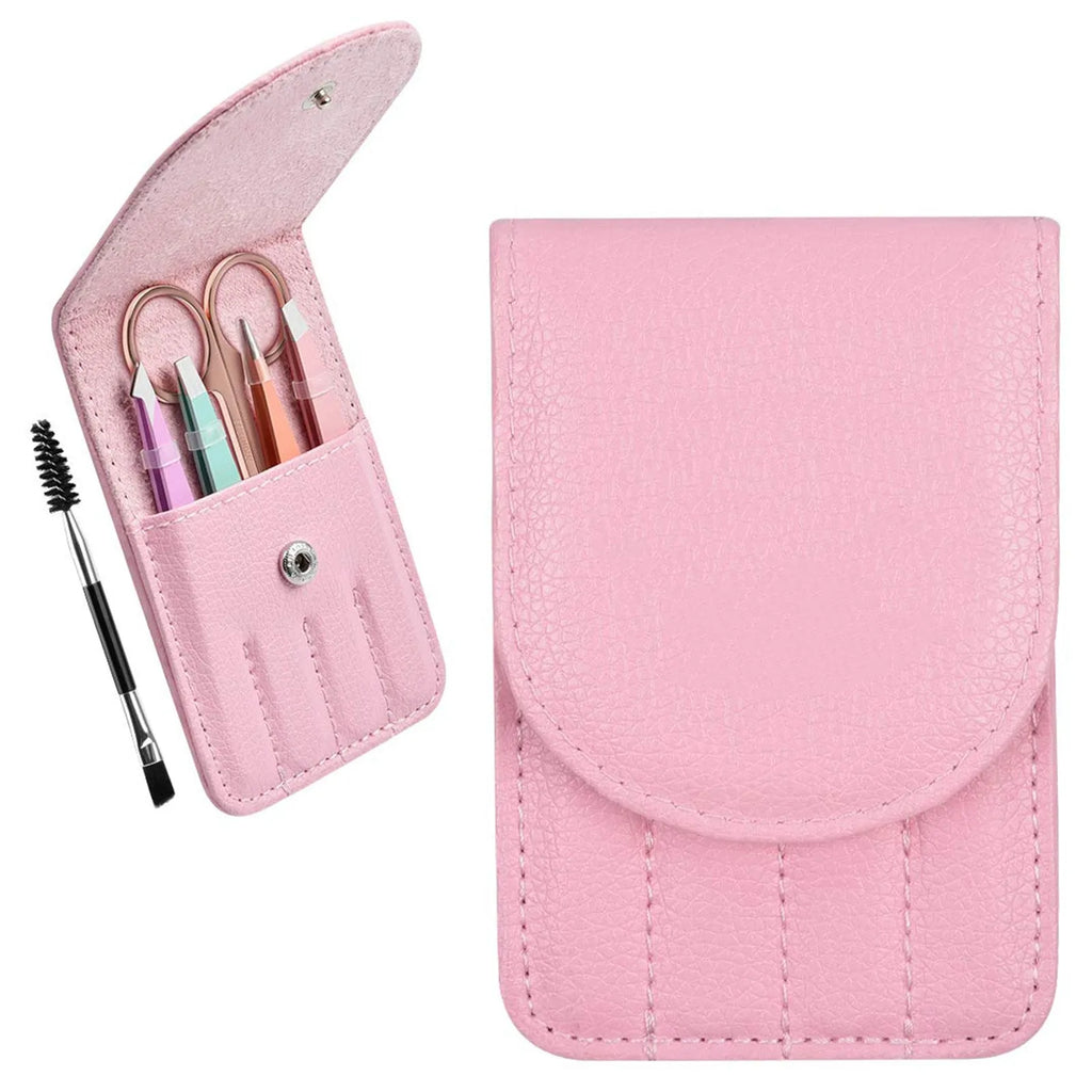 Professional 6 piece stainless steel eyebrow tweezers set with curved scissors and leather case