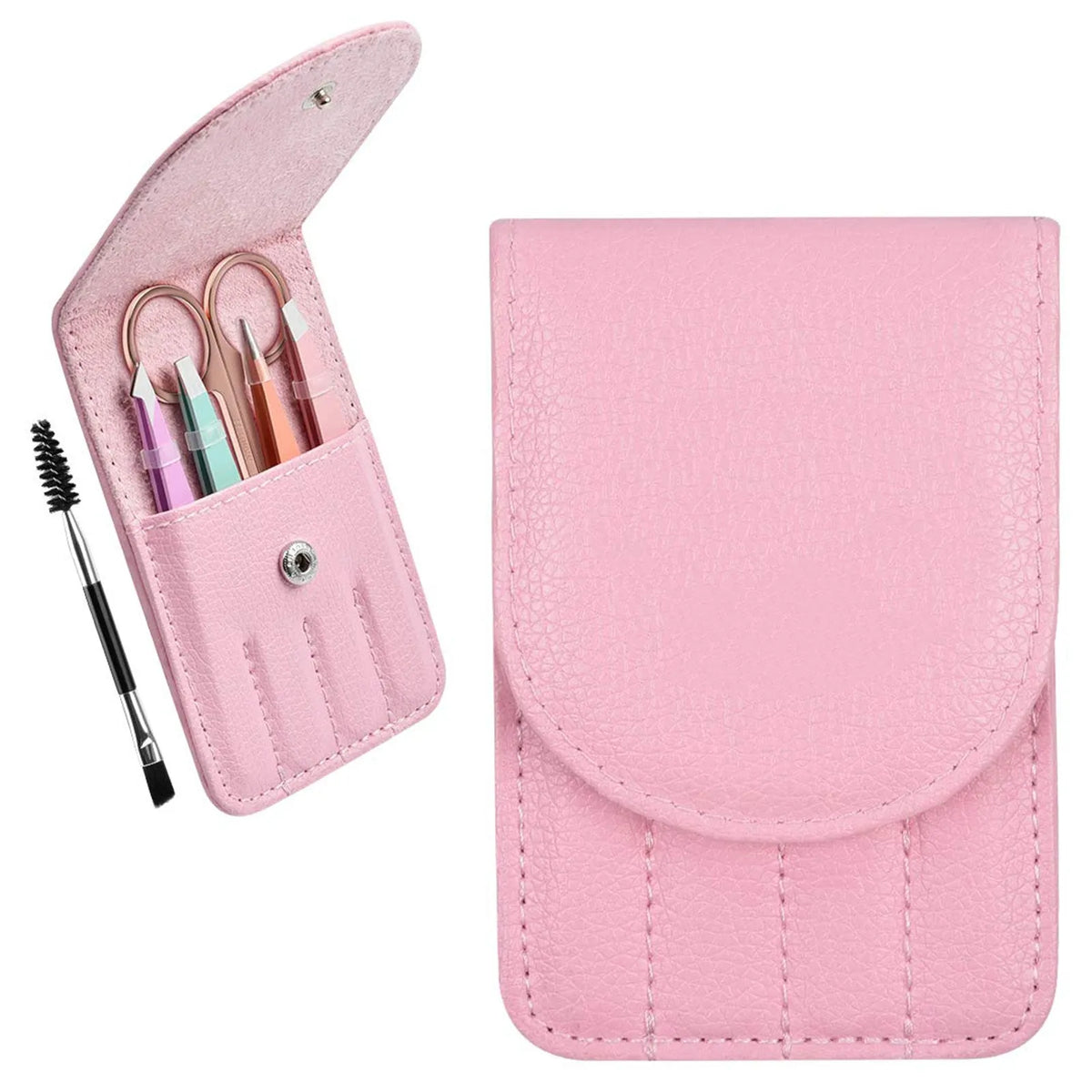 Professional 6 piece stainless steel eyebrow tweezers set with curved scissors and leather case