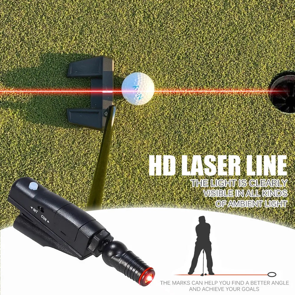 Black golf putting laser aiming instrument attached to putter for alignment practice