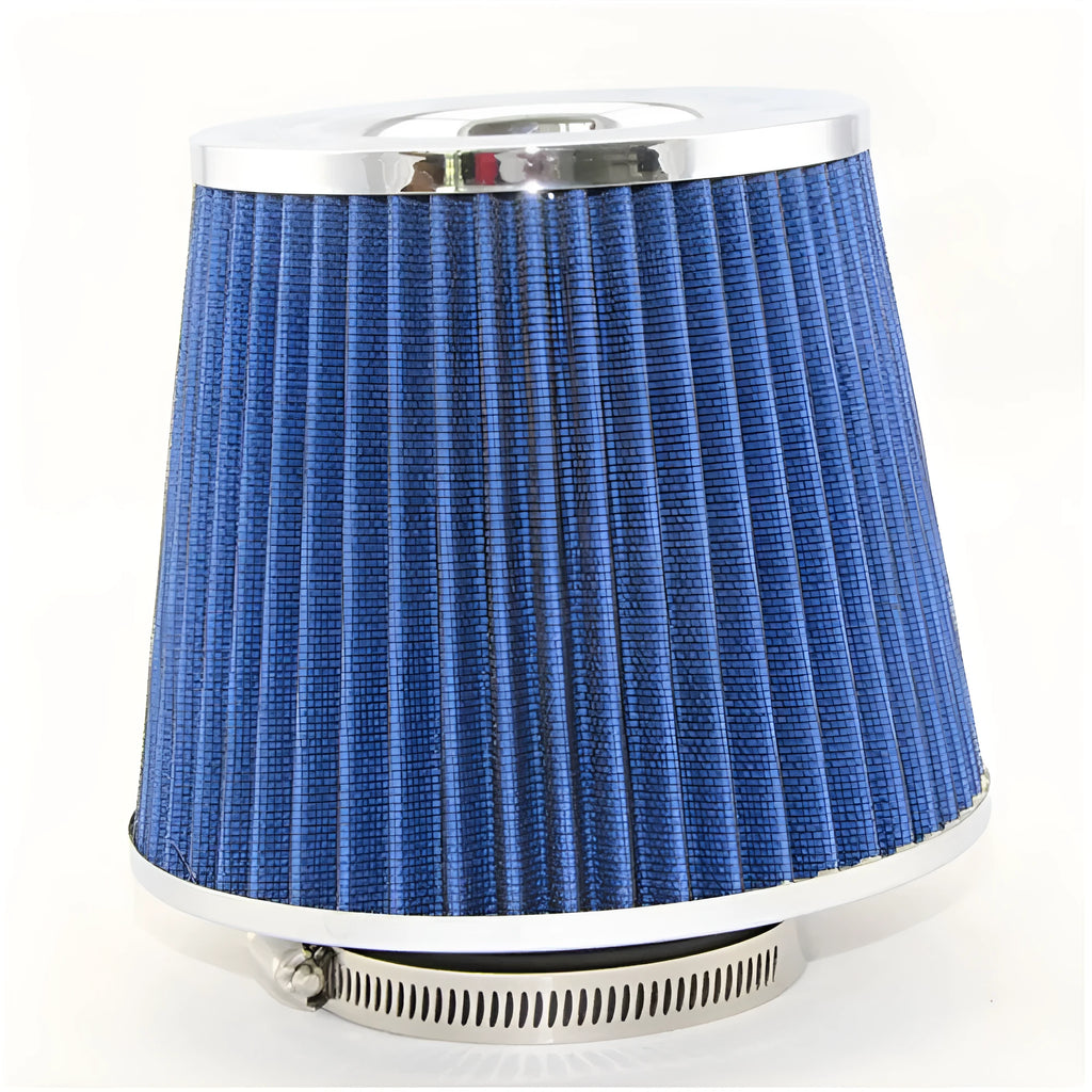 Car modified air filter 75mm inlet 150mm mushroom head in Pure blue, carbon fibre pattern, or silver edge finish