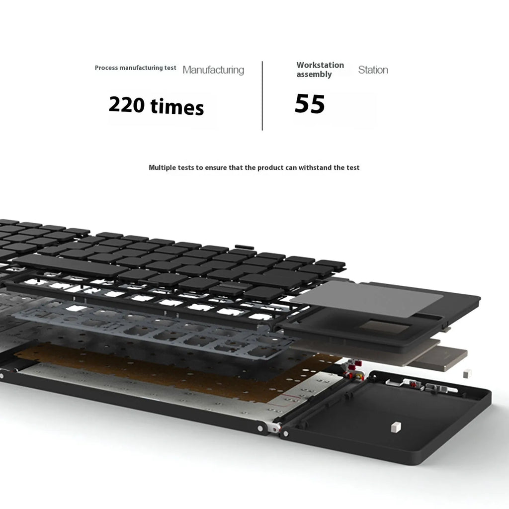 Black tri-fold Bluetooth keyboard shown unfolded next to smartphone demonstrating portable wireless typing