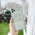 Green TPU iPhone case with geometric smiley face design, shown in polka dot frame and square grid styles.
