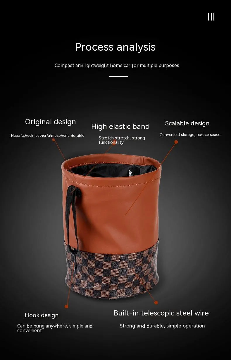 A leather interior car trash can shown in a folded and unfolded state.