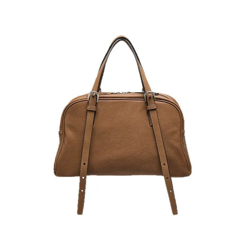 Women's retro genuine leather shoulder bag in horizontal square shape with double strap