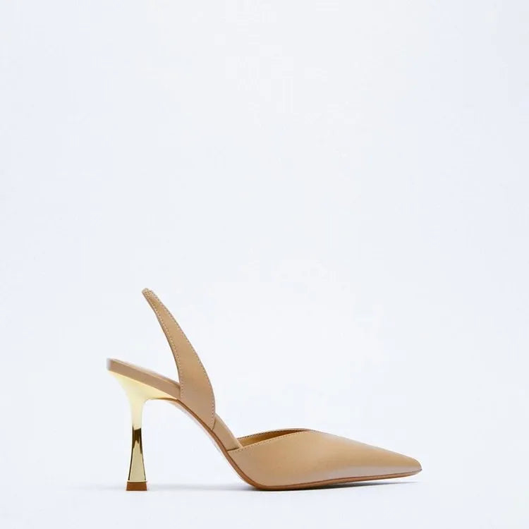 Korean-style women's pointed high heels in patent leather with shallow mouth cut, black and apricot colours