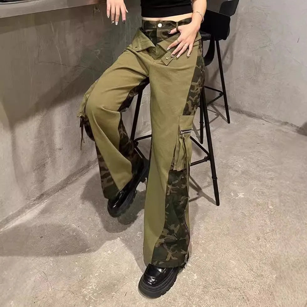 Dark khaki leopard print high-waist straight-leg jeans with tooling style stitching details