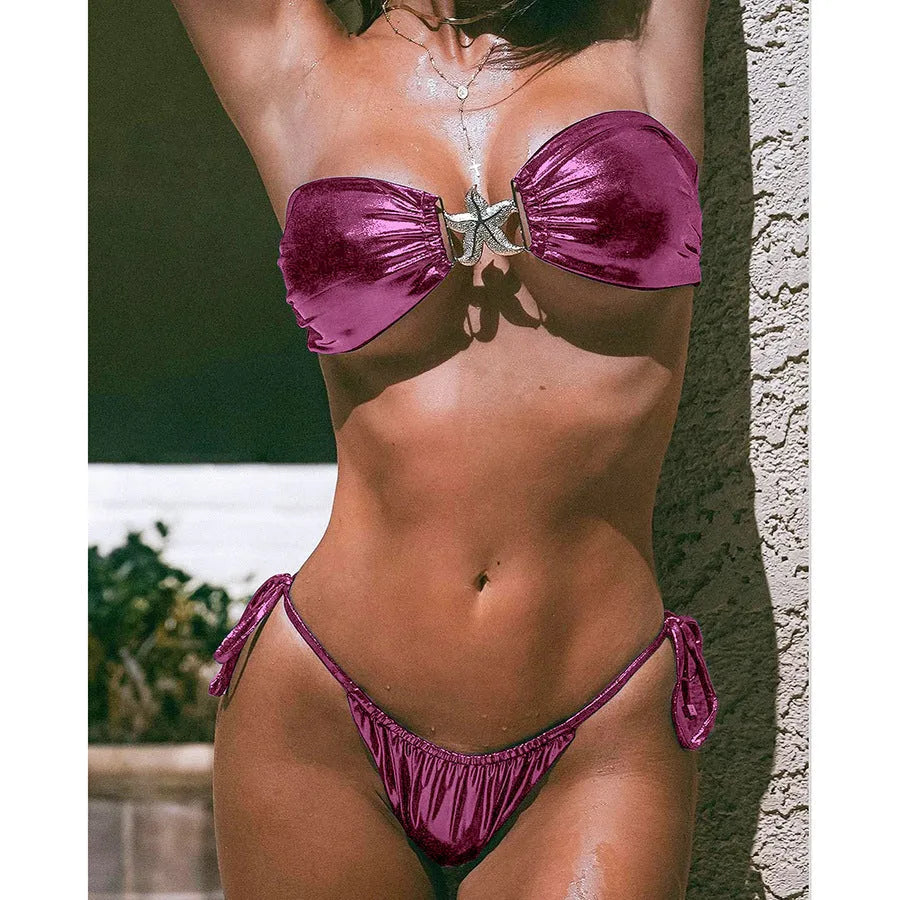 Glossy blue tube top split bikini set with high elasticity and backless design for female swimming