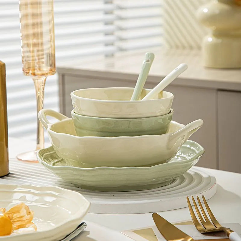 Ceramic seven-piece dinnerware set with solid colour design and modern simple style