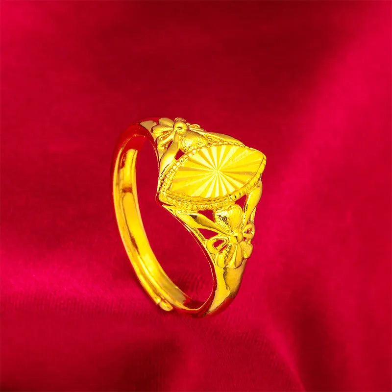 Gold-colour open geometric diamond flower ring for girls with textured surface.