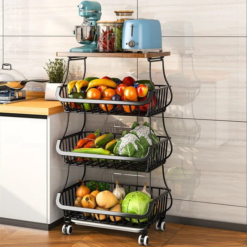 Black six-layer floor-standing kitchen storage trolley with foldable carbon steel shelves