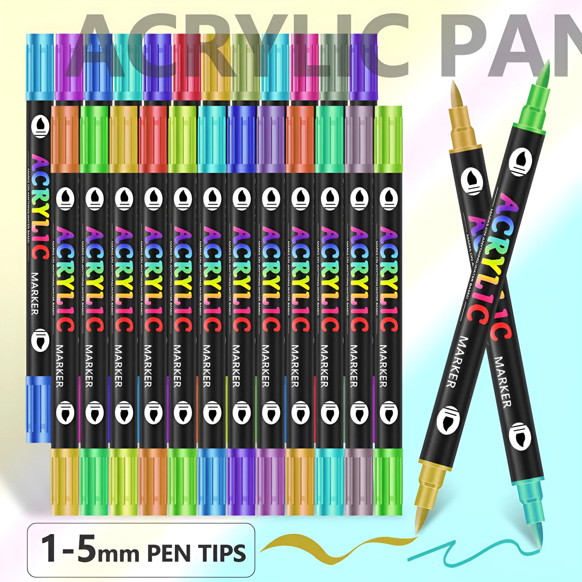 Set of washable double-headed acrylic marker pens with quick-drying opaque colours in plastic casing