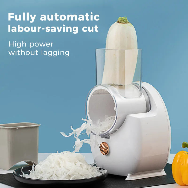 White electric vegetable slicer with rotary grater, suction base, and multiple blades for potato and carrot cutting