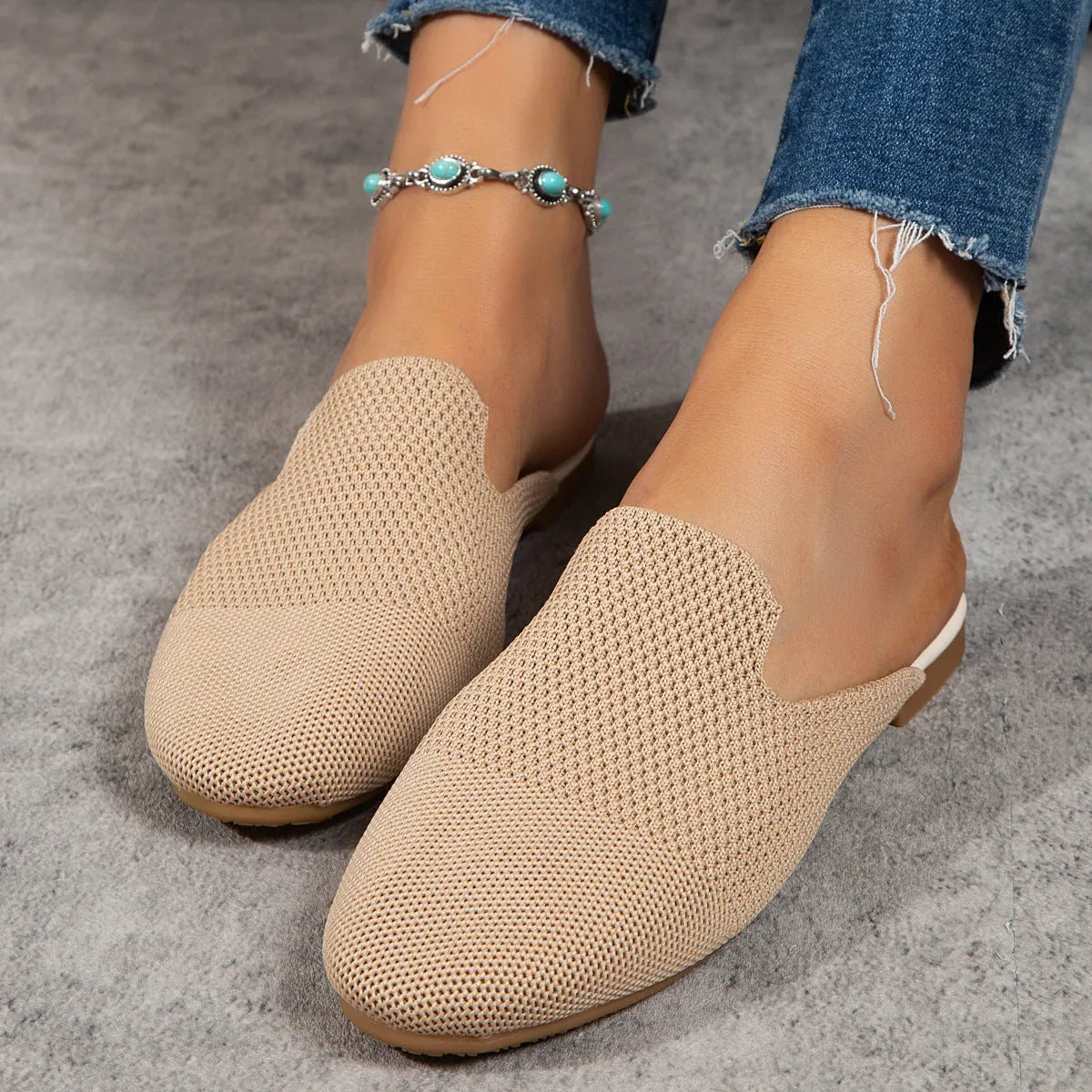 Mesh slip-on sandals in apricot colour with cloth upper and rubber sole