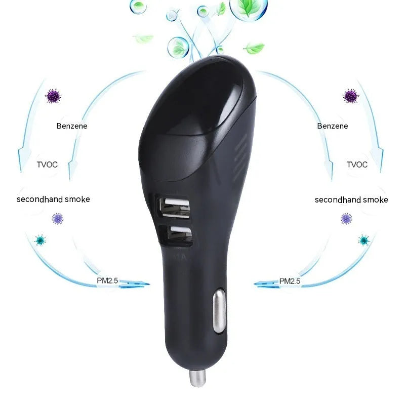 White car USB charger and air purifier unit for vehicle cigarette lighter socket with dual USB ports