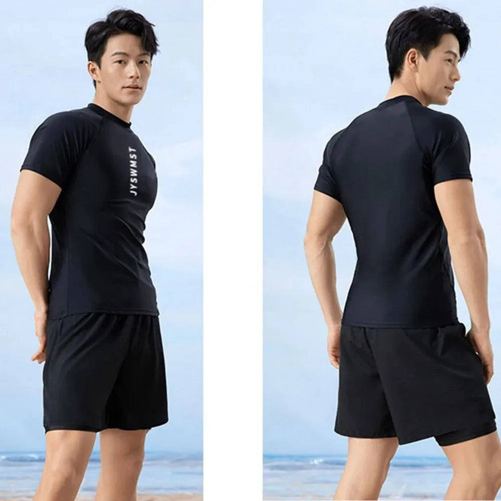 Men's patterned polyester swimsuit two-piece set showing top and pants components