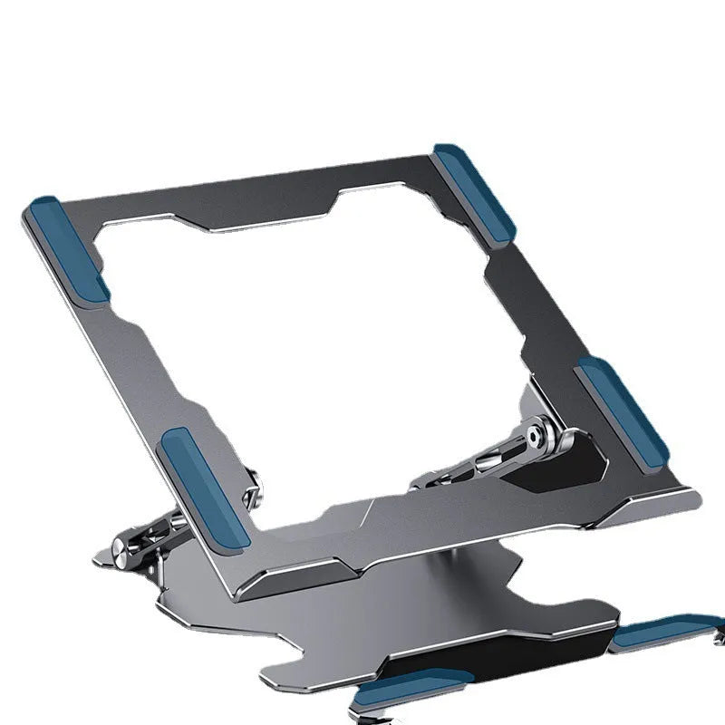 Grey adjustable aluminium laptop stand showing hollow construction and silicone protection pads