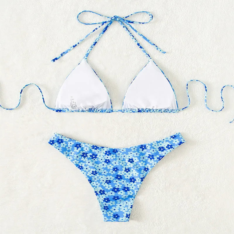Women's blue printed lace-up swimsuit set with matching shorts