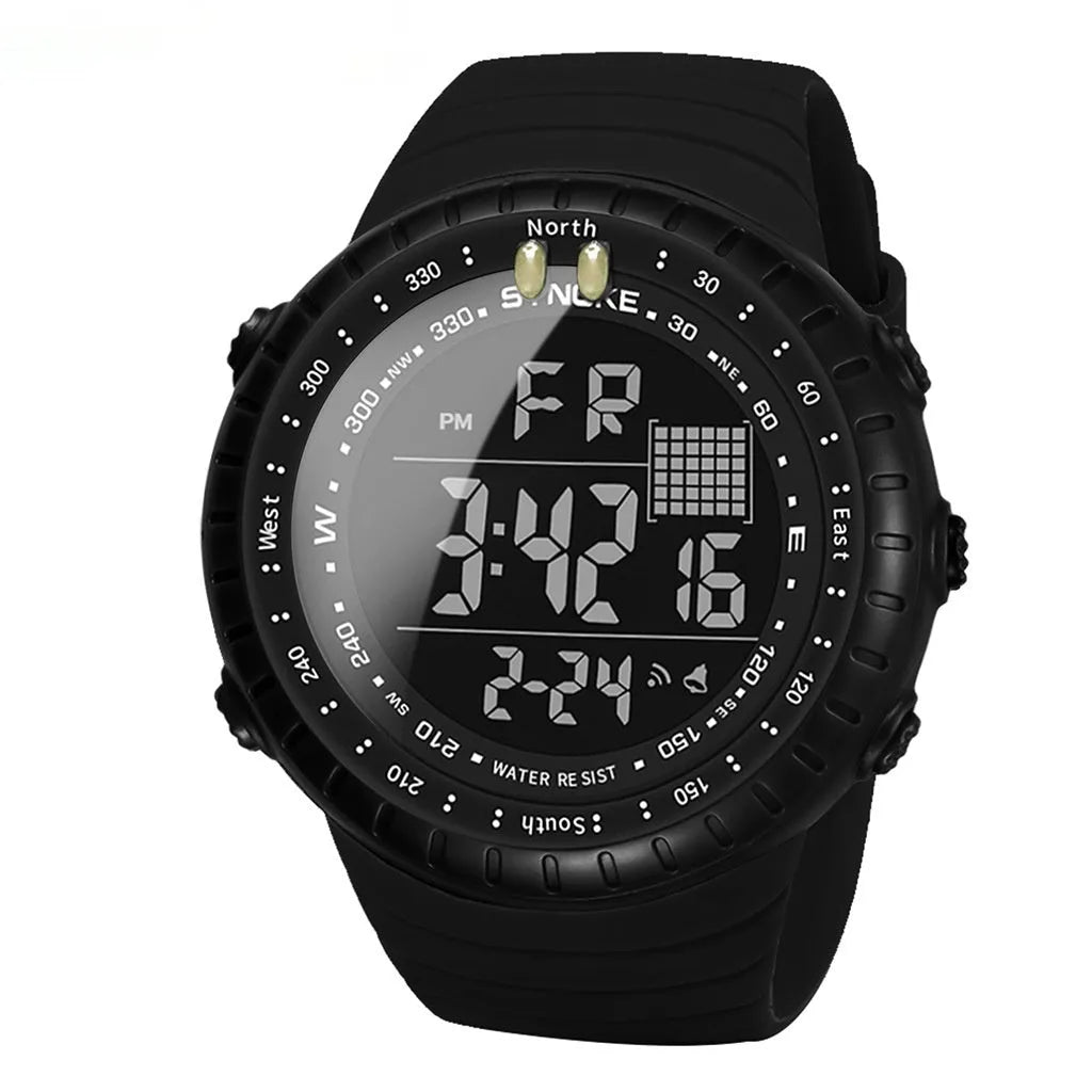 Black outdoor electronic watch with large 54.74mm dial, plastic case, and PU strap showing WR50M waterproof rating