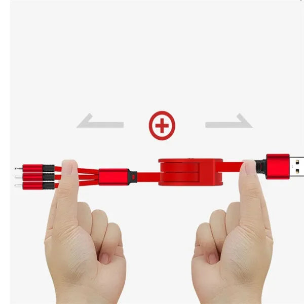 Black telescopic charging cable with three connector types extended to 120cm length
