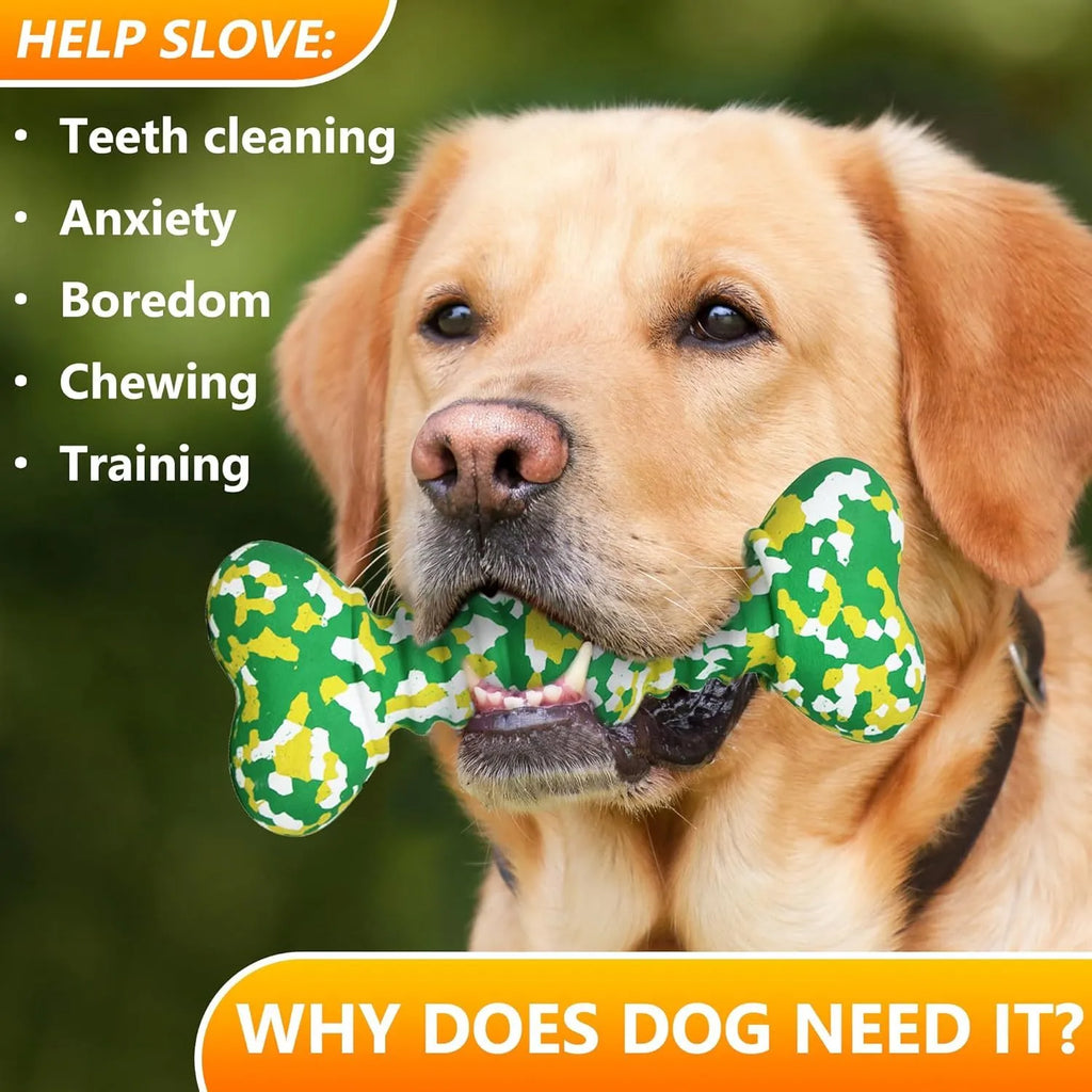 Natural rubber dog chew toy with camouflage pattern for medium to large breed aggressive chewers